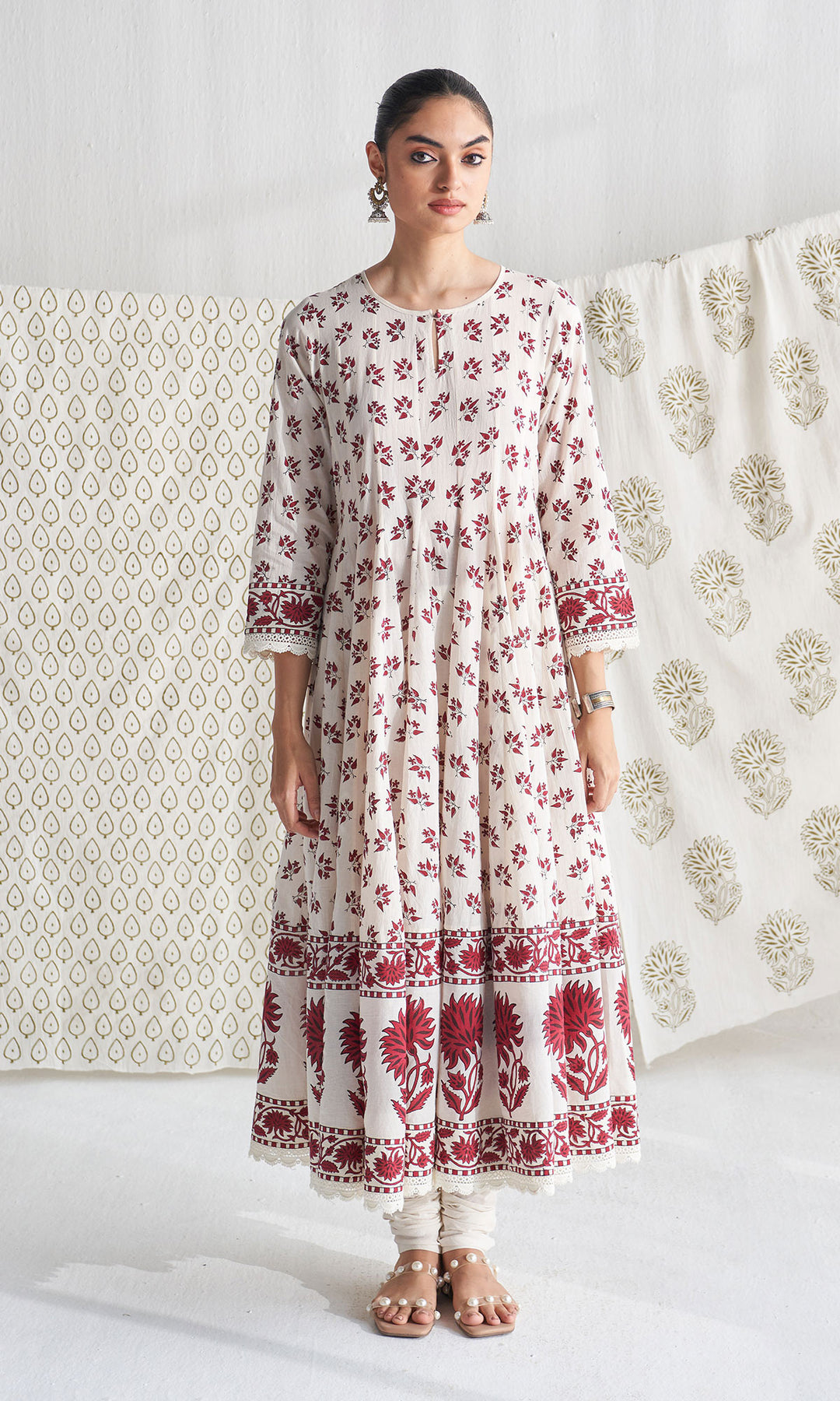 Gulmohar mughal red block printed anarkali with churidar and printed dupatta ( set of 3)