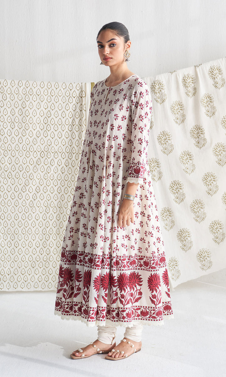 Gulmohar mughal red block printed anarkali with churidar and printed dupatta ( set of 3)