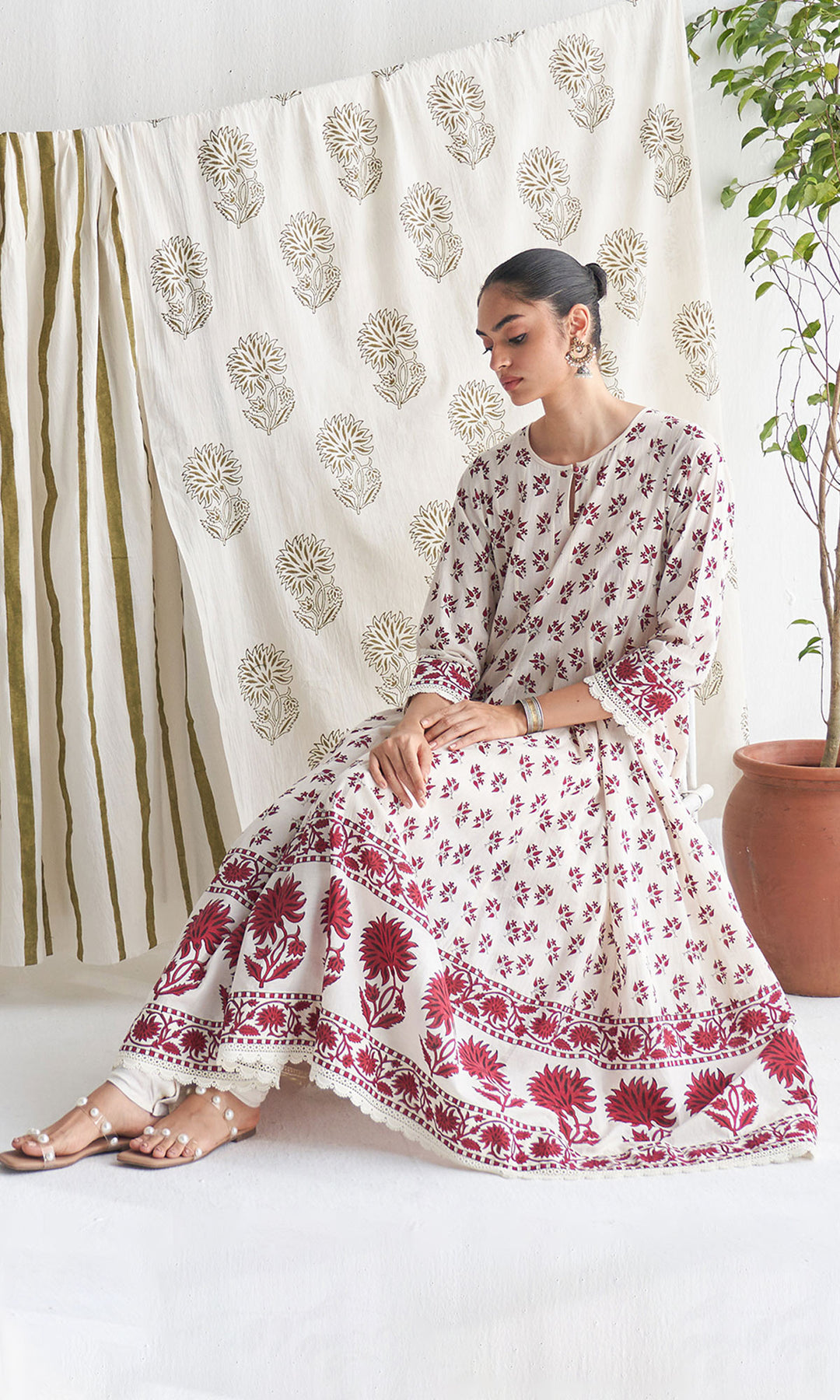 Gulmohar mughal red block printed anarkali with churidar and printed dupatta ( set of 3)