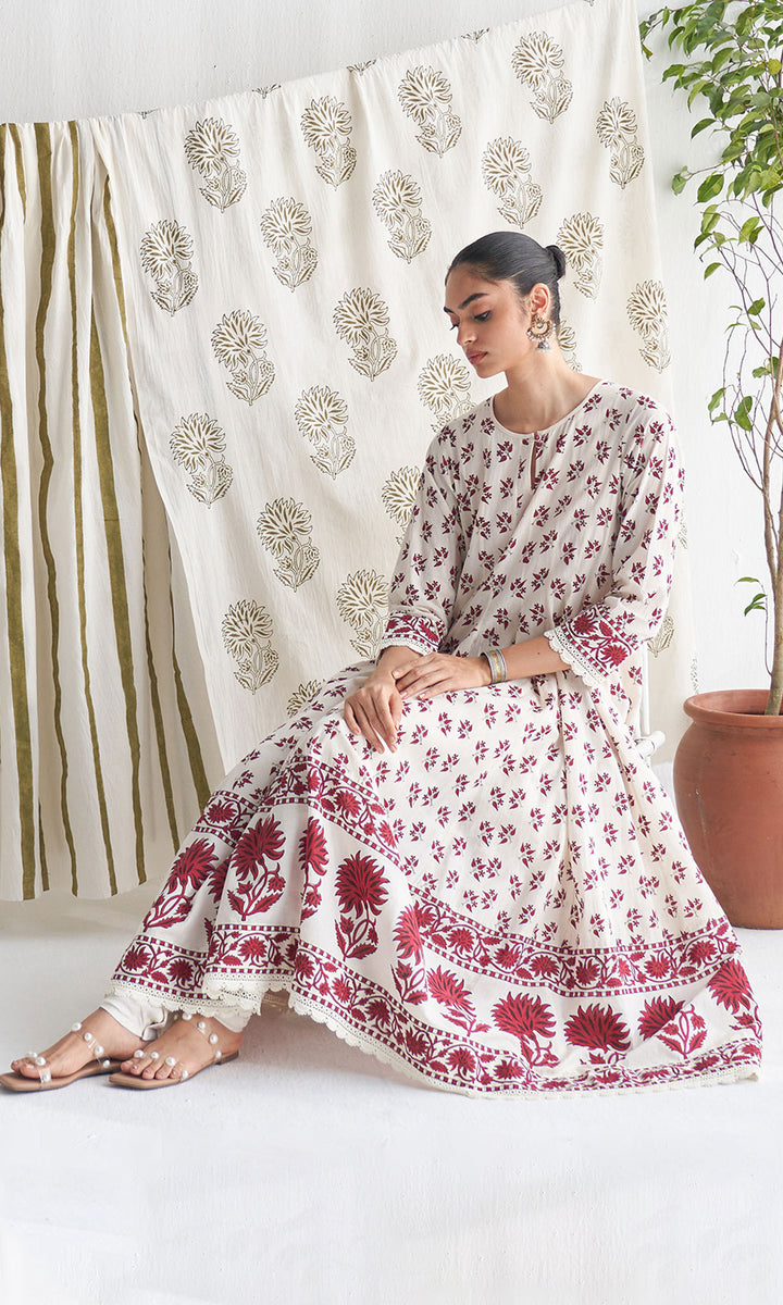 Gulmohar mughal red block printed anarkali with churidar and printed dupatta ( set of 3)