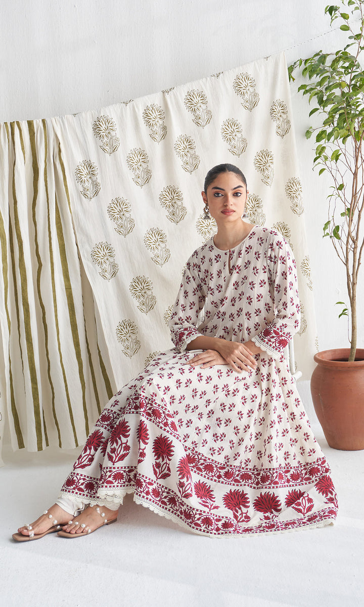 Gulmohar mughal red block printed anarkali with churidar and printed dupatta ( set of 3)