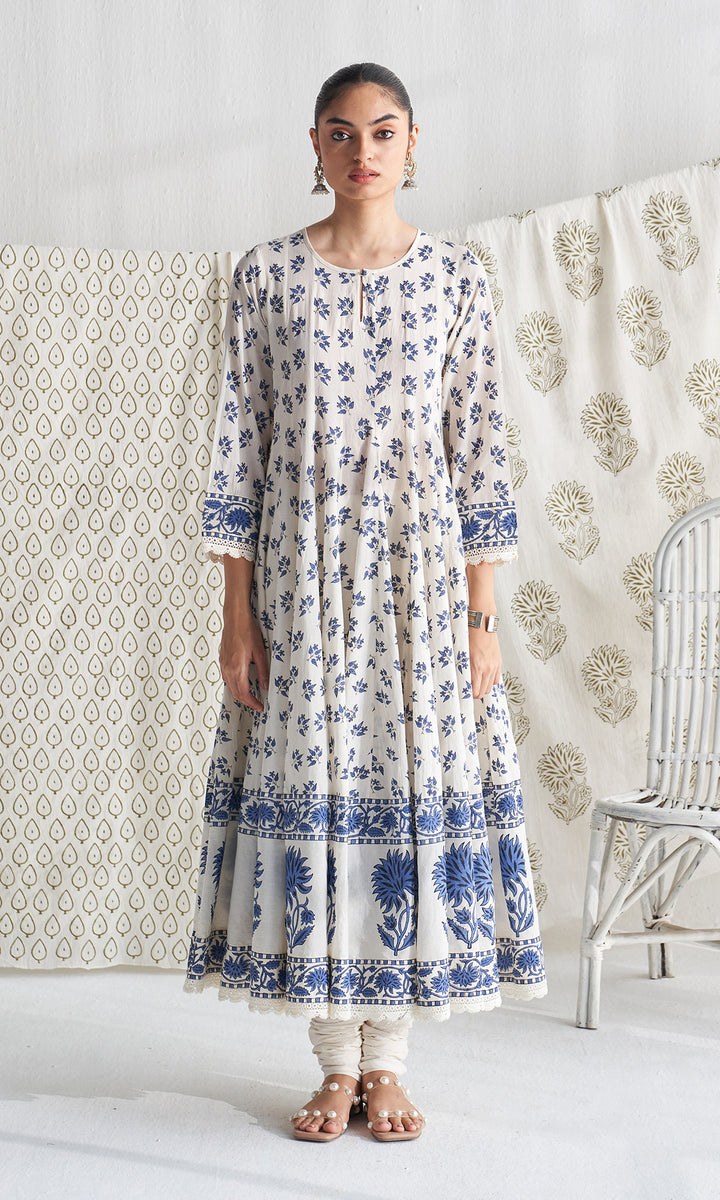 Gulmohar mughal blue block printed anarkali with churidar and printed dupatta ( set of 3)