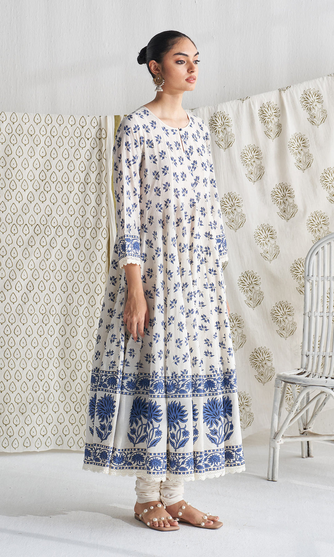 Gulmohar mughal blue block printed anarkali with churidar and printed dupatta ( set of 3)