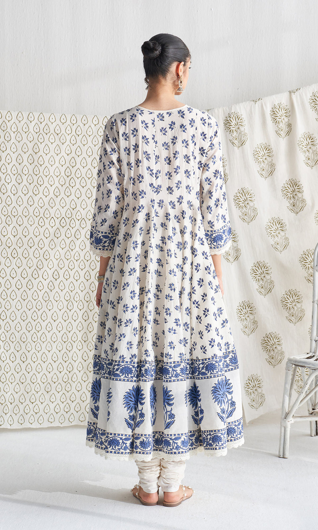 Gulmohar mughal blue block printed anarkali with churidar and printed dupatta ( set of 3)