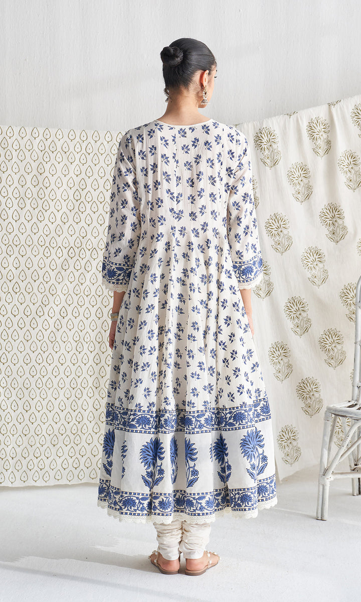 Gulmohar mughal blue block printed anarkali with churidar and printed dupatta ( set of 3)