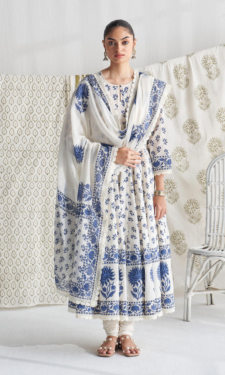 Gulmohar mughal blue block printed anarkali with churidar and printed dupatta ( set of 3)