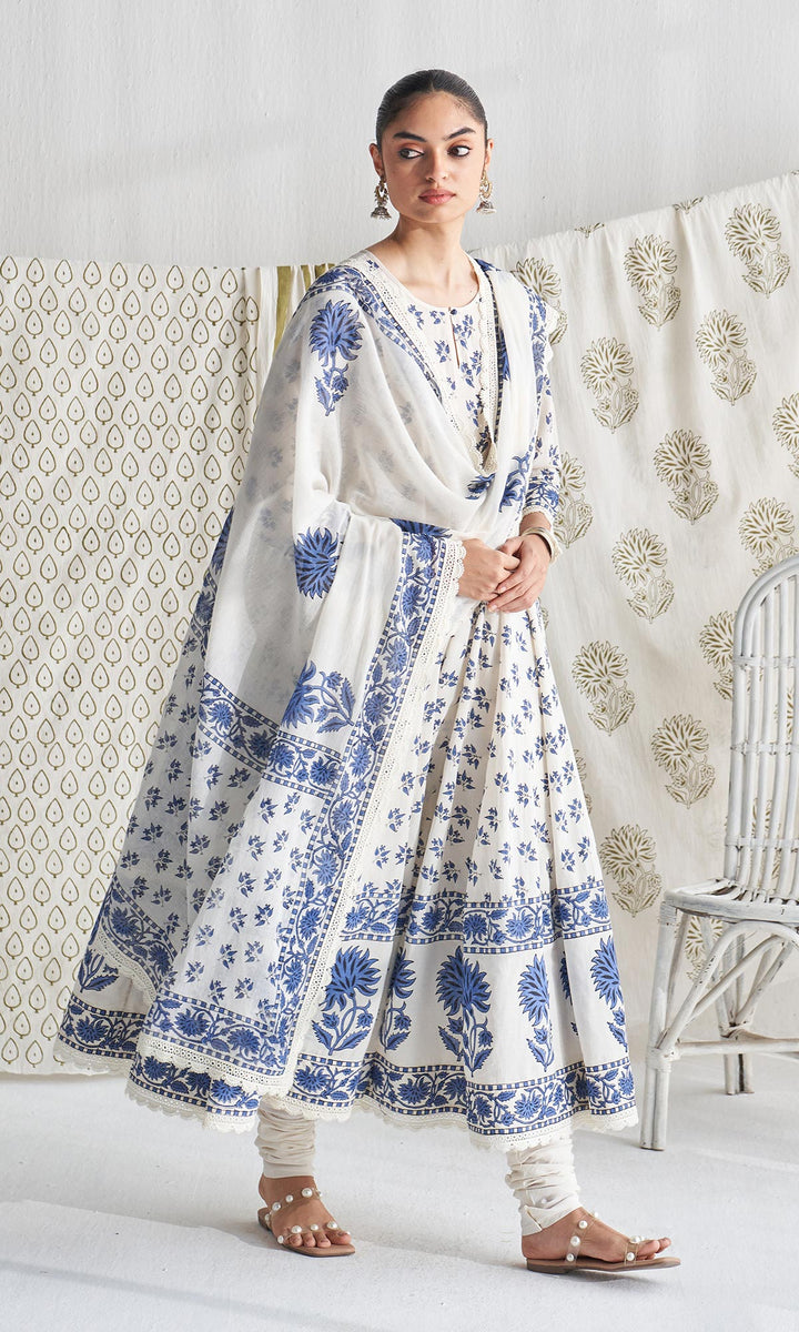 Gulmohar mughal blue block printed anarkali with churidar and printed dupatta ( set of 3)
