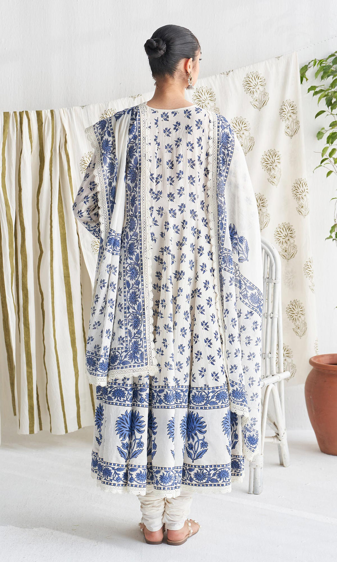 Gulmohar mughal blue block printed anarkali with churidar and printed dupatta ( set of 3)