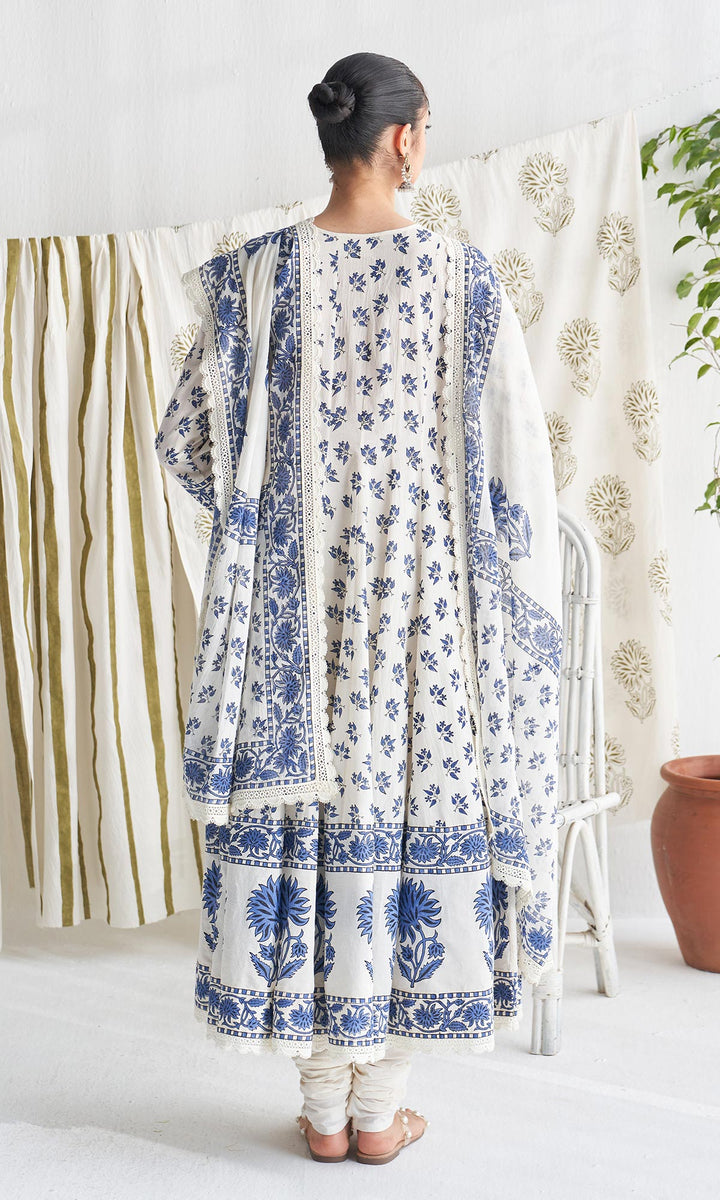 Gulmohar mughal blue block printed anarkali with churidar and printed dupatta ( set of 3)