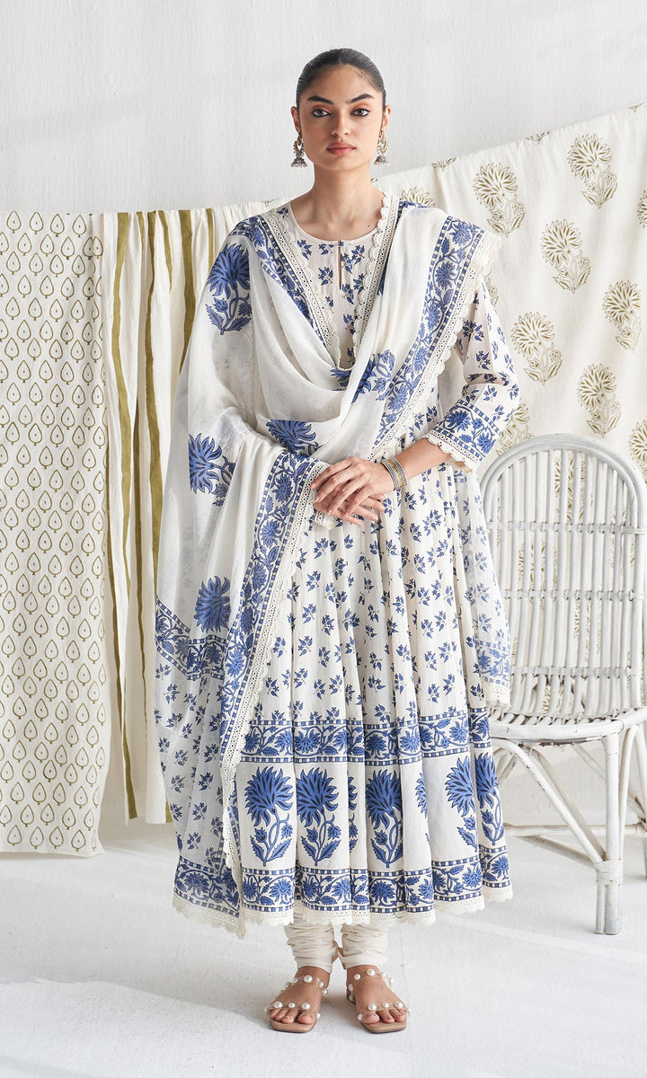Gulmohar mughal blue block printed anarkali with churidar and printed dupatta ( set of 3)