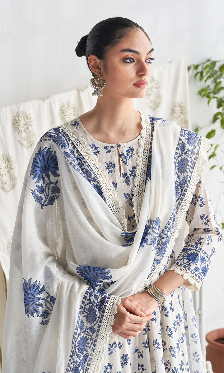 Gulmohar mughal blue block printed anarkali with churidar and printed dupatta ( set of 3)