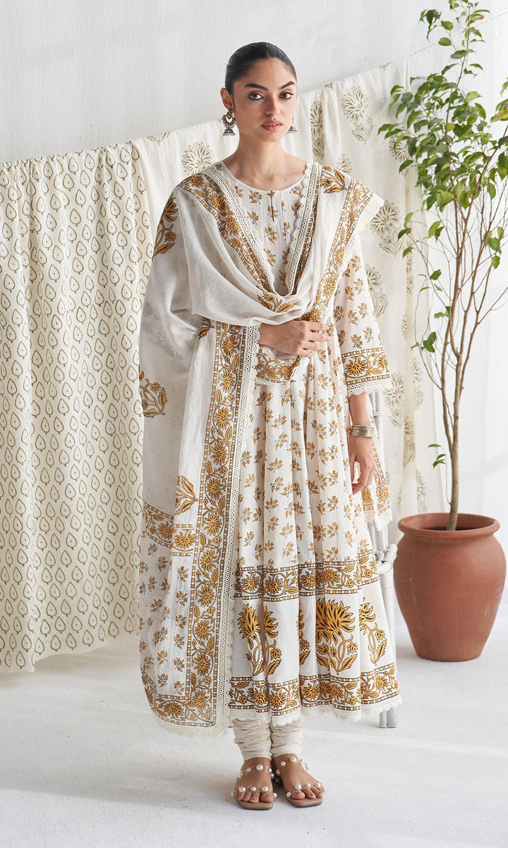 Gulmohar mughal mustard block printed anarkali with churidar and printed dupatta ( set of 3)