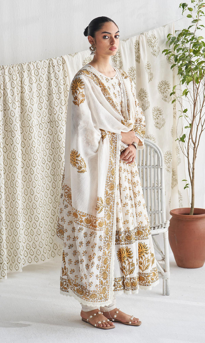 Gulmohar mughal mustard block printed anarkali with churidar and printed dupatta ( set of 3)