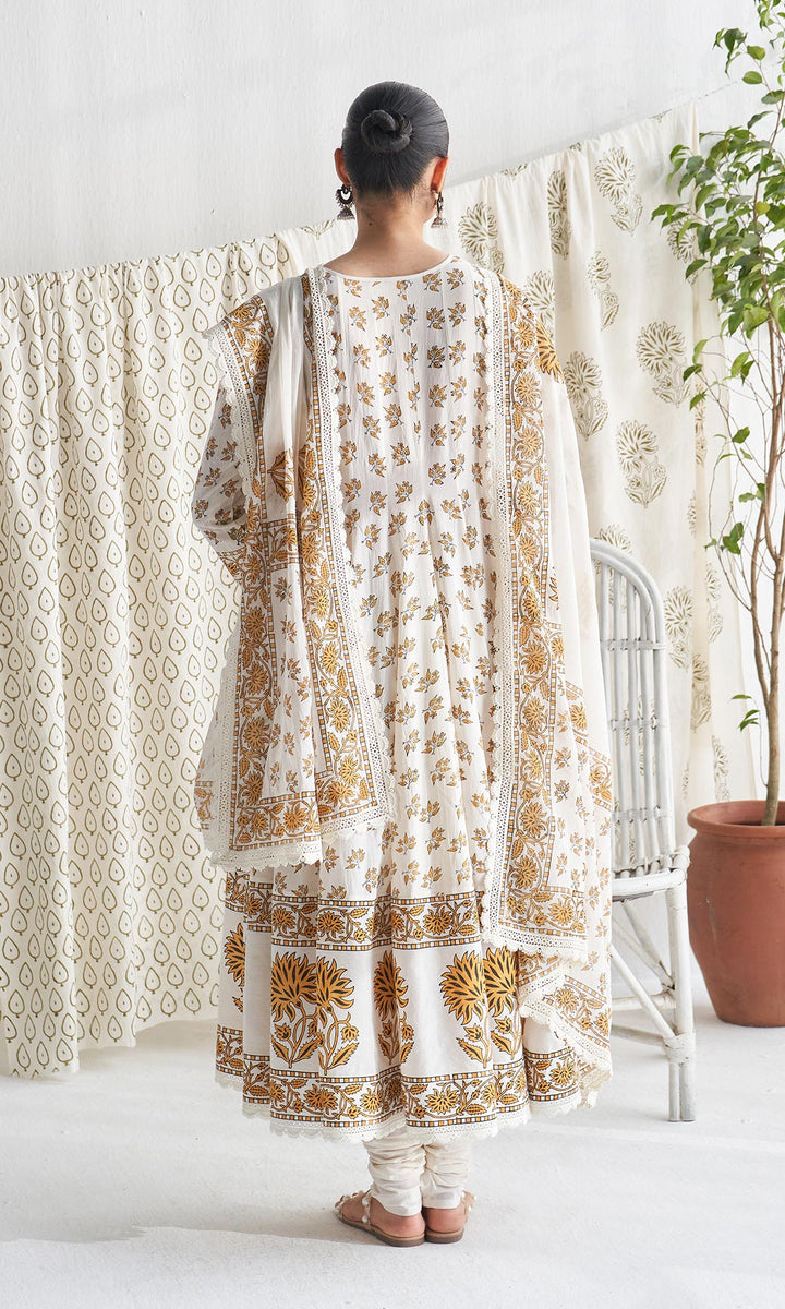 Gulmohar mughal mustard block printed anarkali with churidar and printed dupatta ( set of 3)