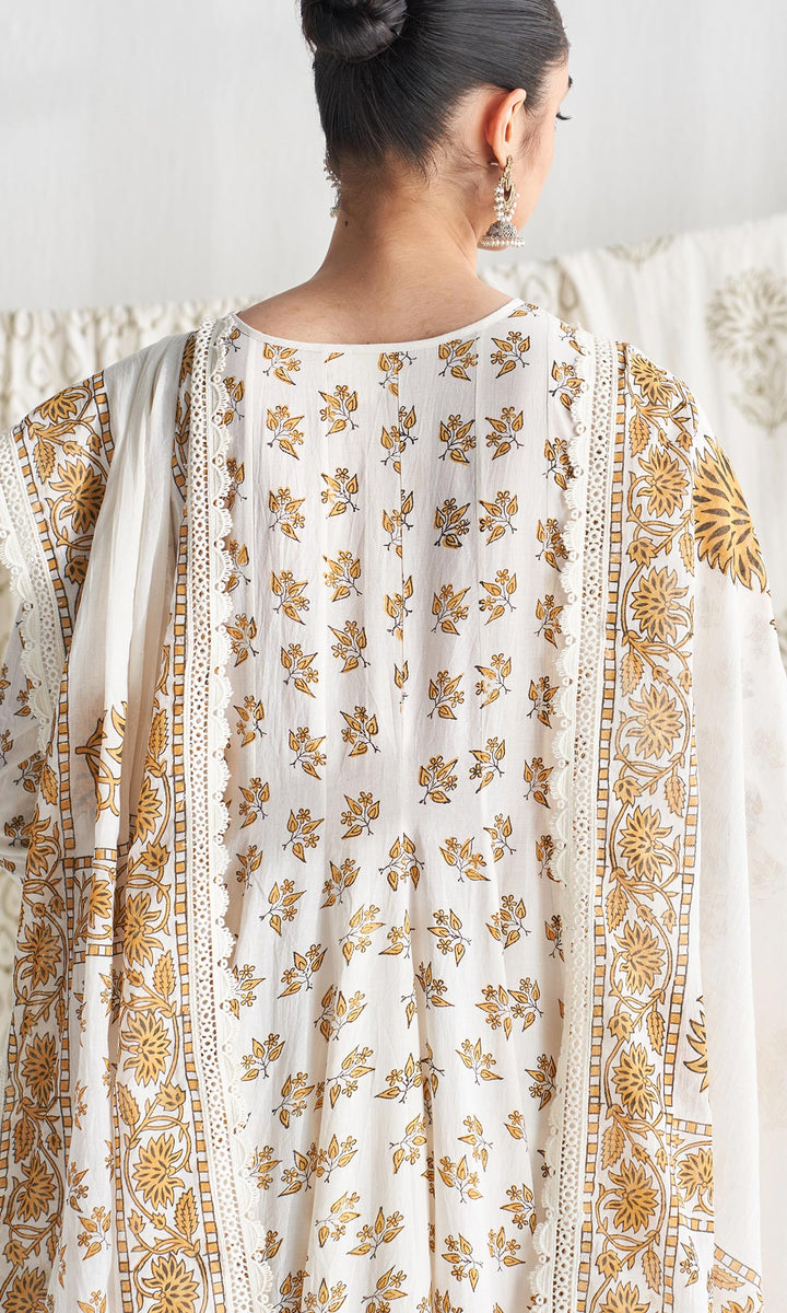 Gulmohar mughal mustard block printed anarkali with churidar and printed dupatta ( set of 3)