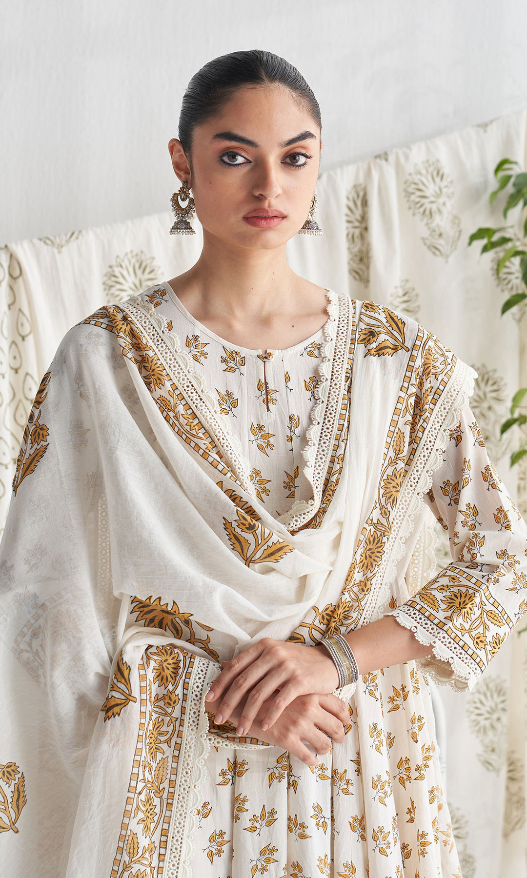 Gulmohar mughal mustard block printed anarkali with churidar and printed dupatta ( set of 3)