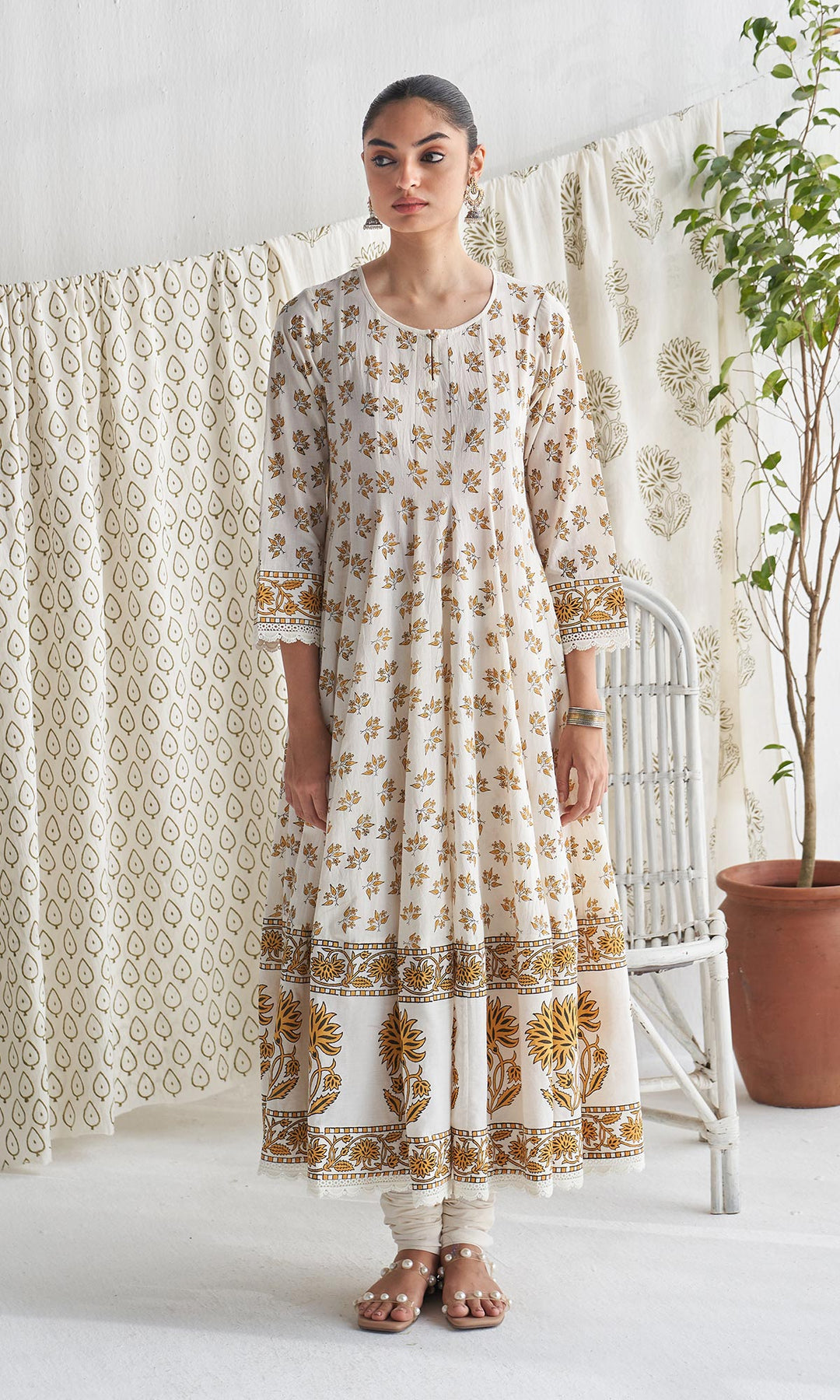 Gulmohar mughal mustard block printed anarkali with churidar and printed dupatta ( set of 3)