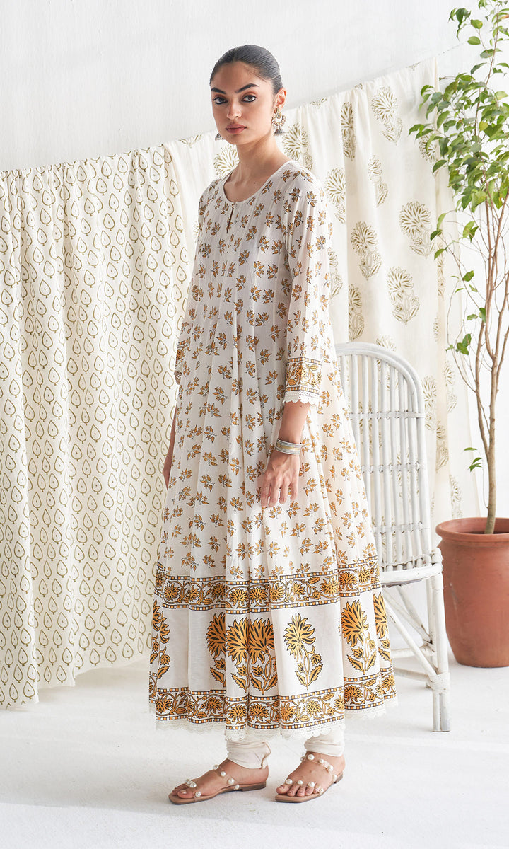 Gulmohar mughal mustard block printed anarkali with churidar and printed dupatta ( set of 3)