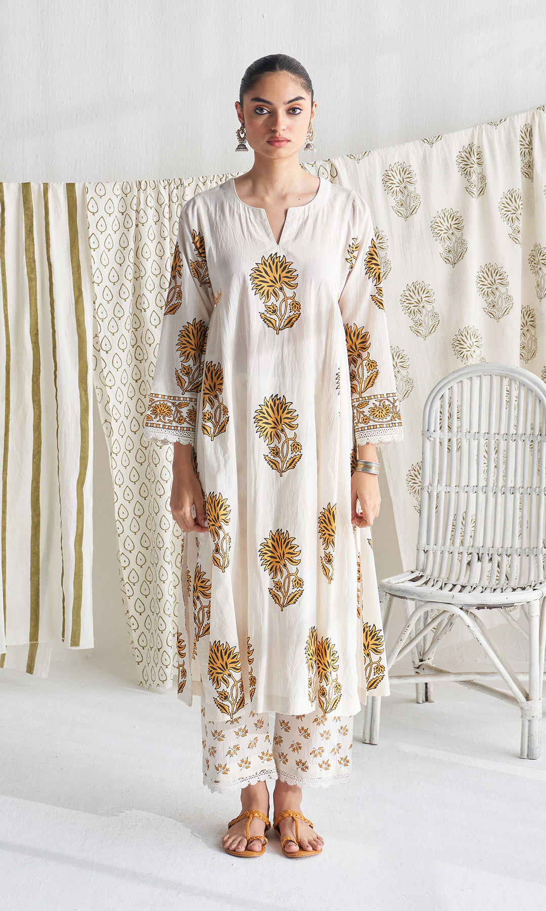 Gulmohar mughal mustard block printed side gather kurta with palazzo and printed dupatta ( set of 3 )