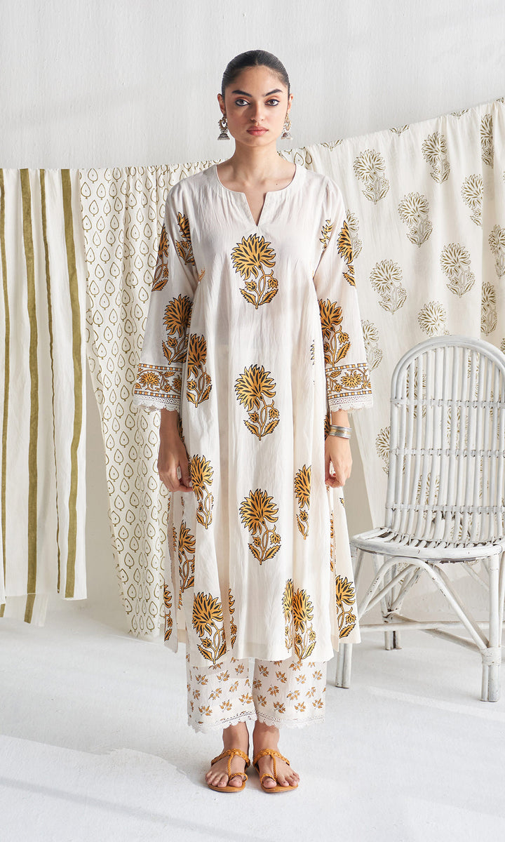 Gulmohar mughal mustard block printed side gather kurta with palazzo and printed dupatta ( set of 3 )