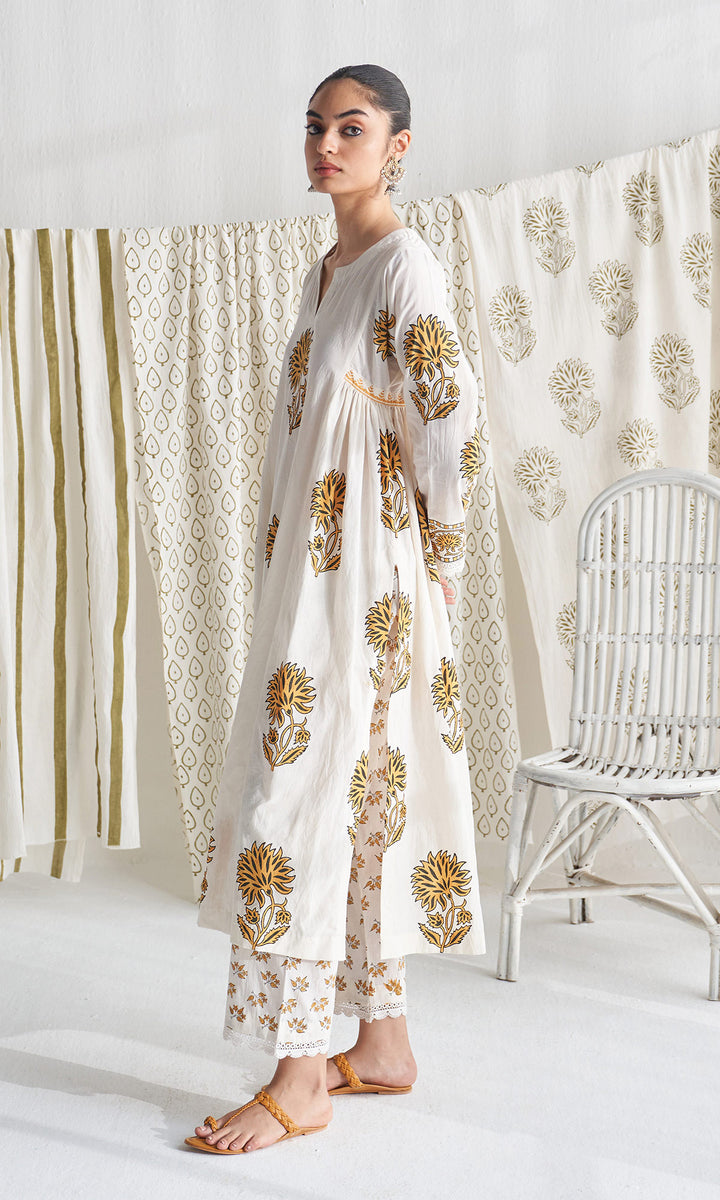 Gulmohar mughal mustard block printed side gather kurta with palazzo and printed dupatta ( set of 3 )