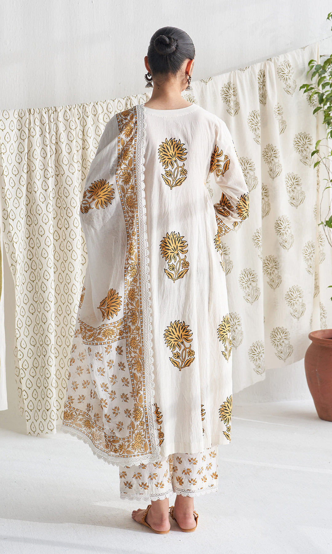 Gulmohar mughal mustard block printed side gather kurta with palazzo and printed dupatta ( set of 3 )