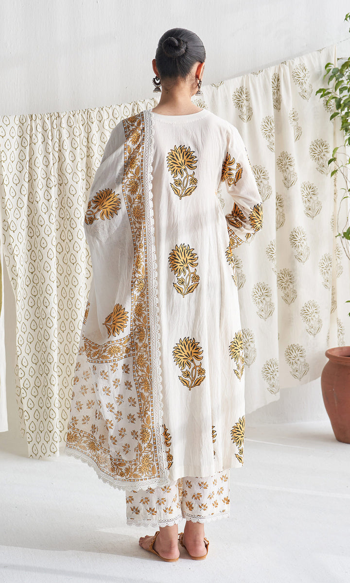 Gulmohar mughal mustard block printed side gather kurta with palazzo and printed dupatta ( set of 3 )