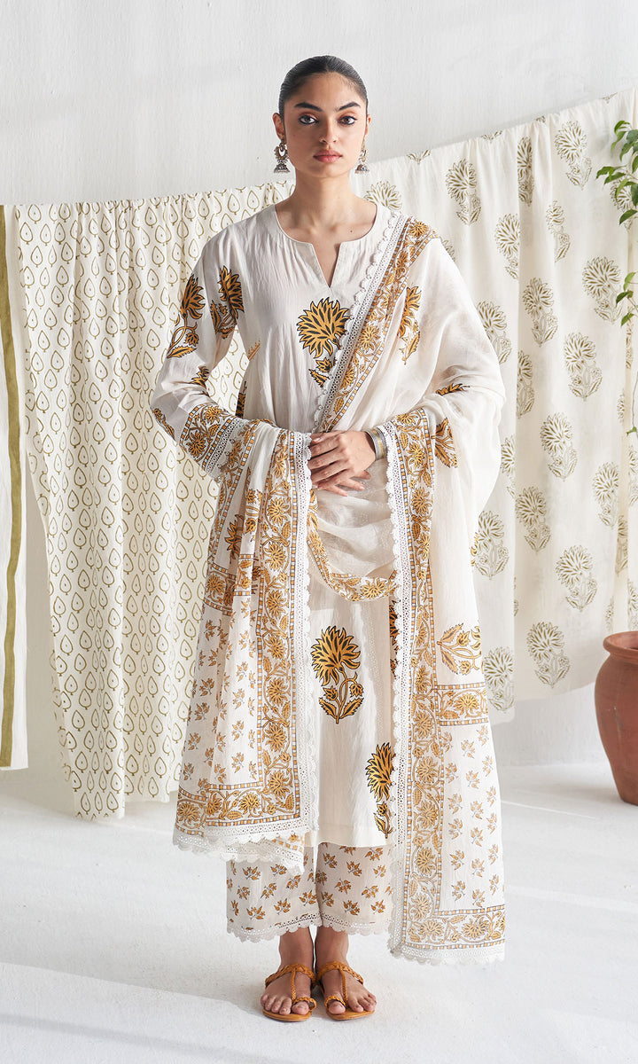 Gulmohar mughal mustard block printed side gather kurta with palazzo and printed dupatta ( set of 3 )