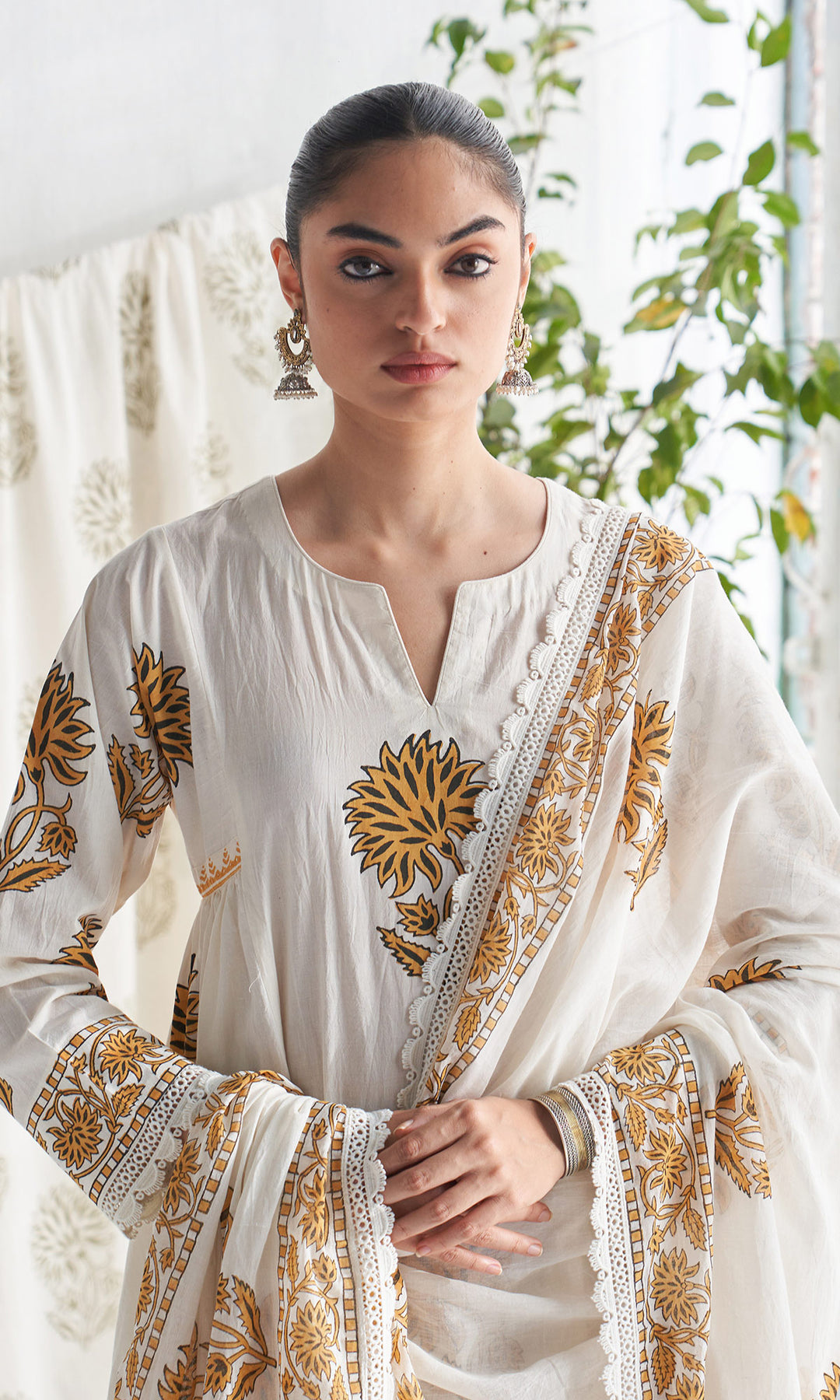 Gulmohar mughal mustard block printed side gather kurta with palazzo and printed dupatta ( set of 3 )