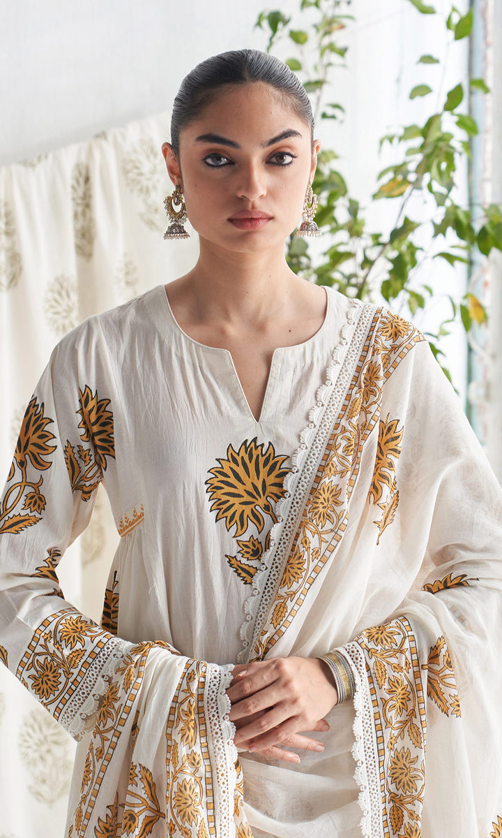 Gulmohar mughal mustard block printed side gather kurta with palazzo and printed dupatta ( set of 3 )