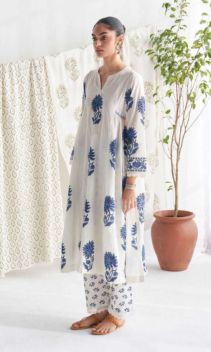 Gulmohar mughal blue block printed side gather kurta with palazzo and printed dupatta ( set of 3 )