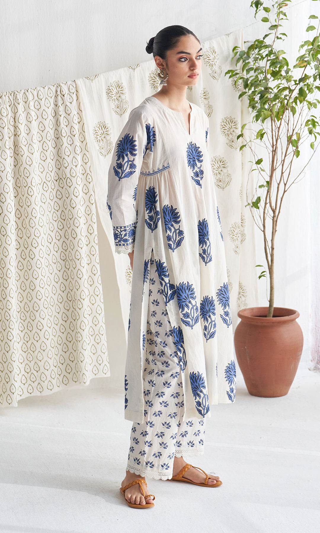 Gulmohar mughal blue block printed side gather kurta with palazzo and printed dupatta ( set of 3 )