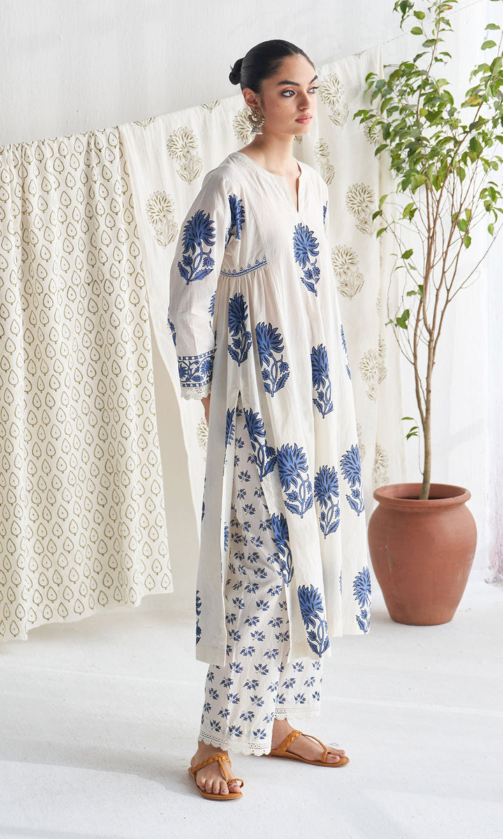 Gulmohar mughal blue block printed side gather kurta with palazzo and printed dupatta ( set of 3 )