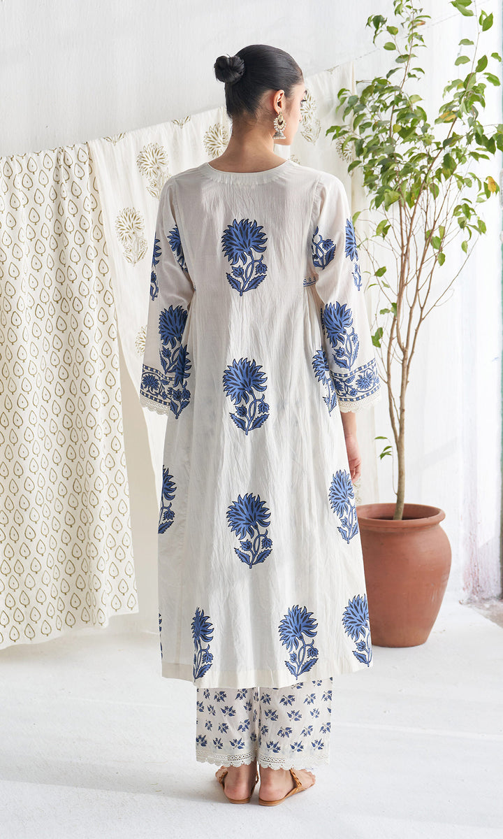 Gulmohar mughal blue block printed side gather kurta with palazzo and printed dupatta ( set of 3 )