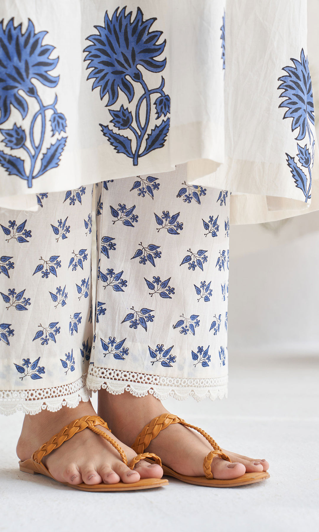 Gulmohar mughal blue block printed side gather kurta with palazzo and printed dupatta ( set of 3 )