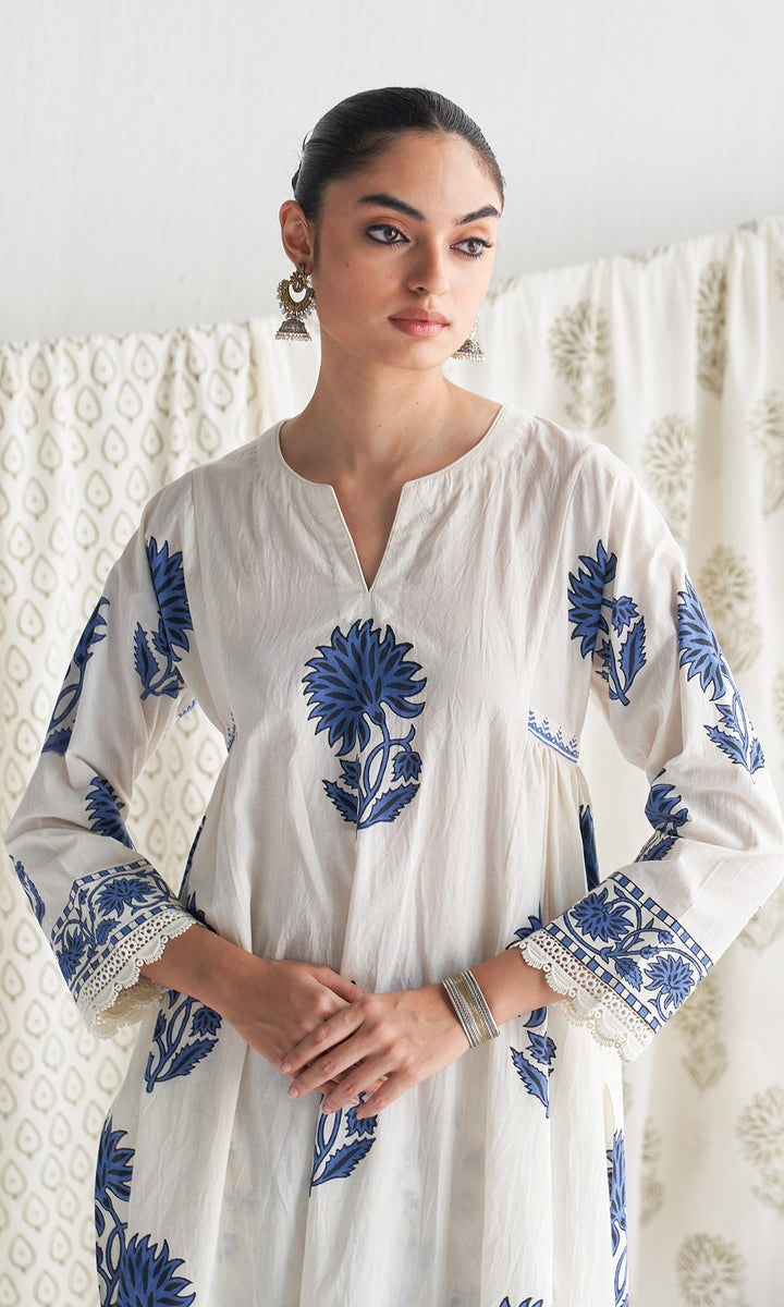 Gulmohar mughal blue block printed side gather kurta with palazzo and printed dupatta ( set of 3 )