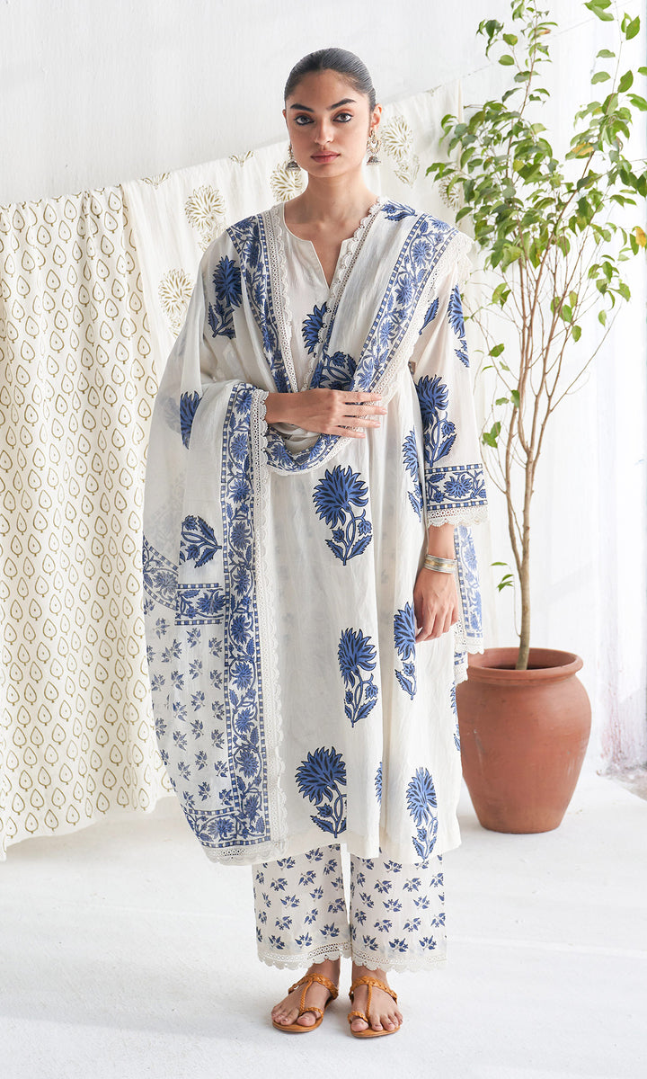 Gulmohar mughal blue block printed side gather kurta with palazzo and printed dupatta ( set of 3 )