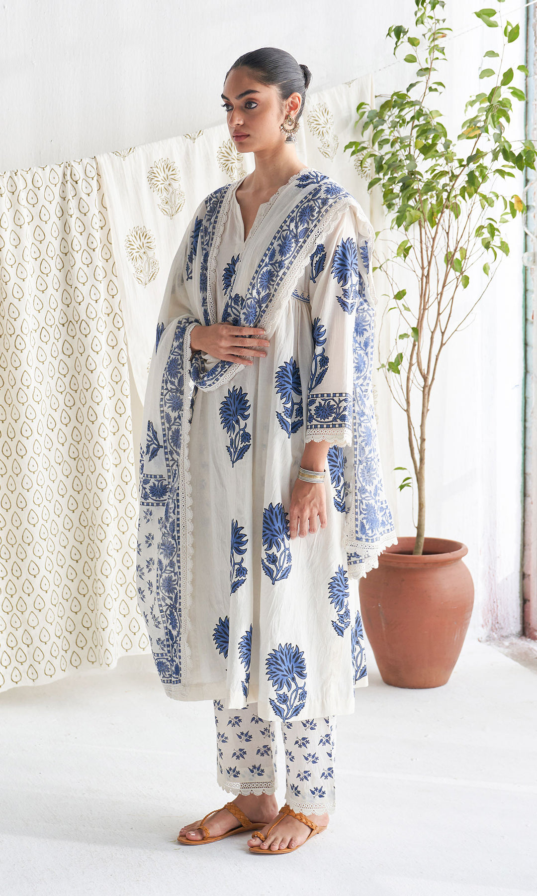 Gulmohar mughal blue block printed side gather kurta with palazzo and printed dupatta ( set of 3 )