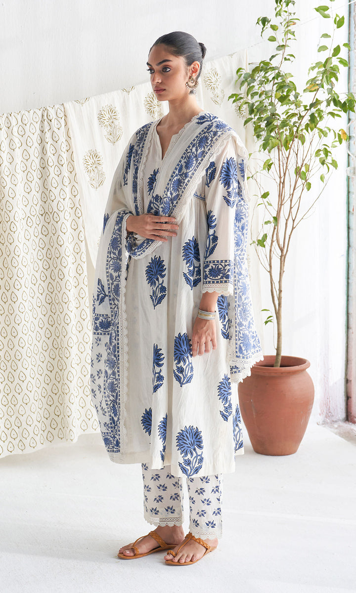 Gulmohar mughal blue block printed side gather kurta with palazzo and printed dupatta ( set of 3 )