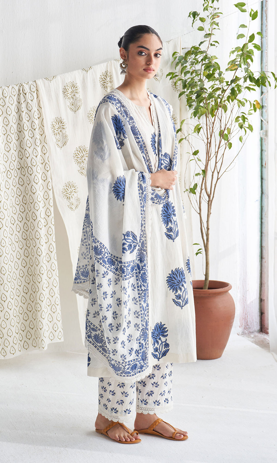 Gulmohar mughal blue block printed side gather kurta with palazzo and printed dupatta ( set of 3 )