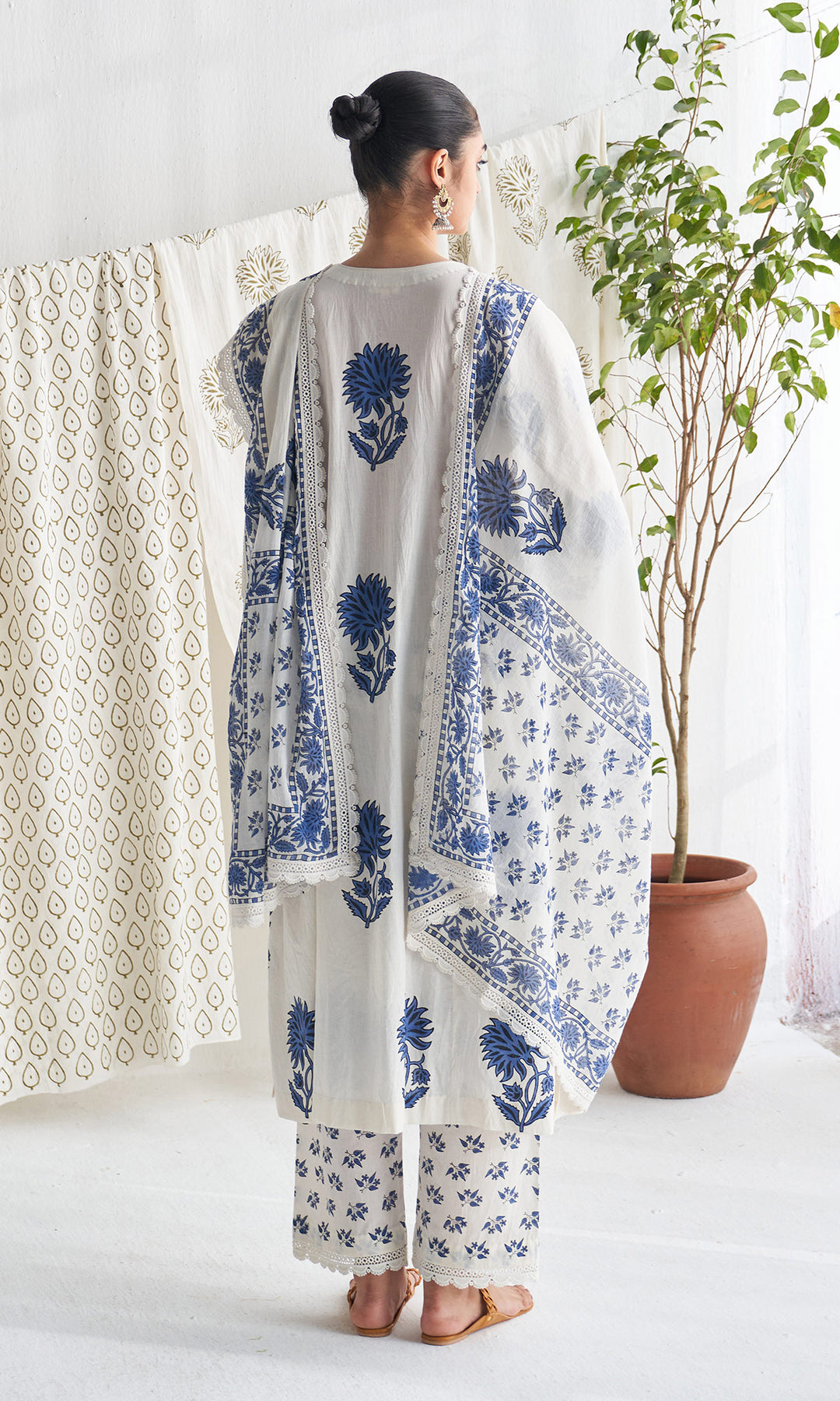 Gulmohar mughal blue block printed side gather kurta with palazzo and printed dupatta ( set of 3 )