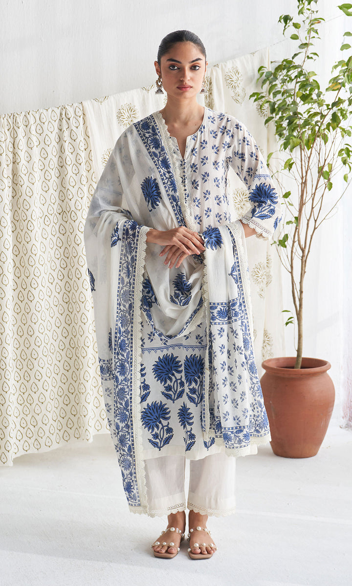 Gulmohar mughal Blue block printed straight kurta with palazzo and printed dupatta (set of 3)