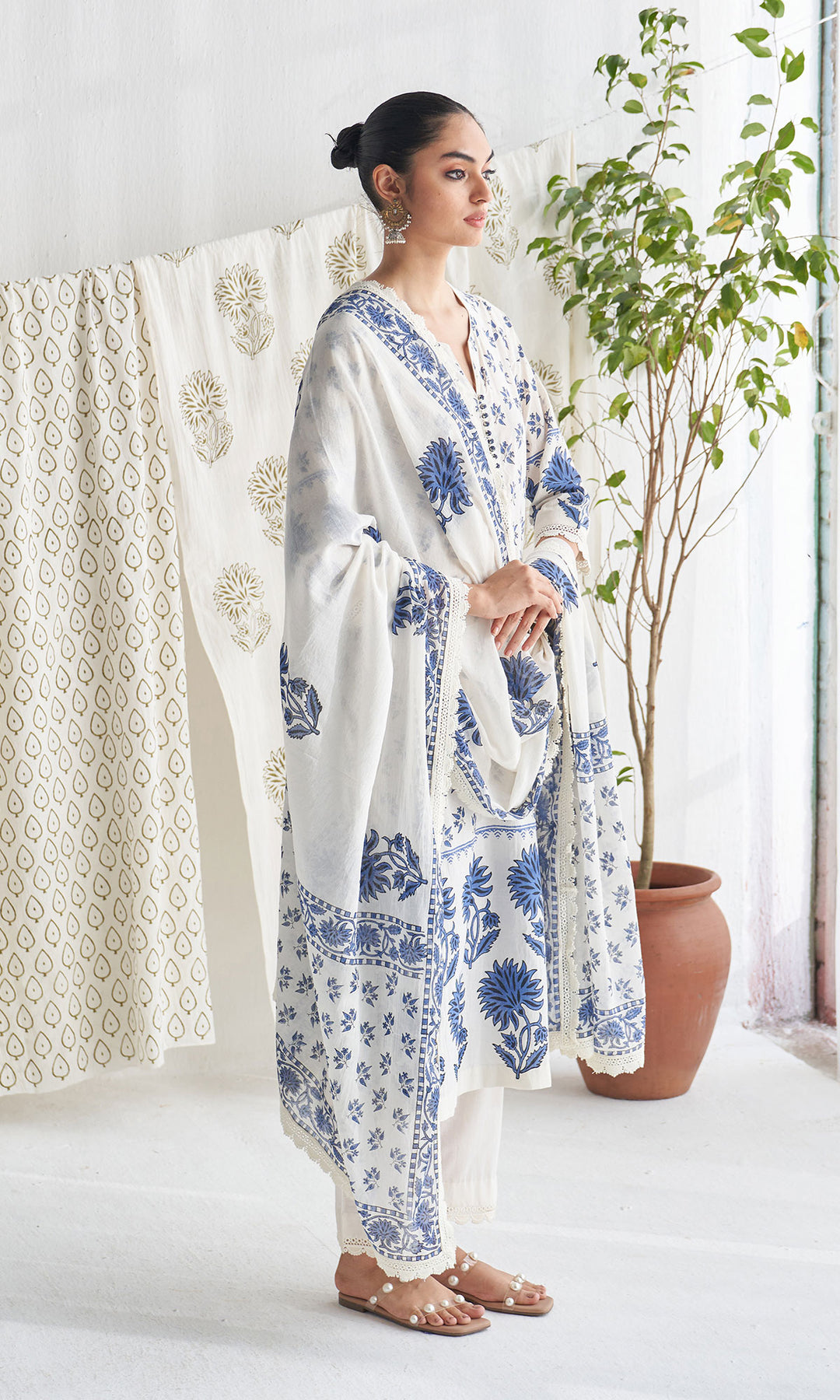 Gulmohar mughal Blue block printed straight kurta with palazzo and printed dupatta (set of 3)