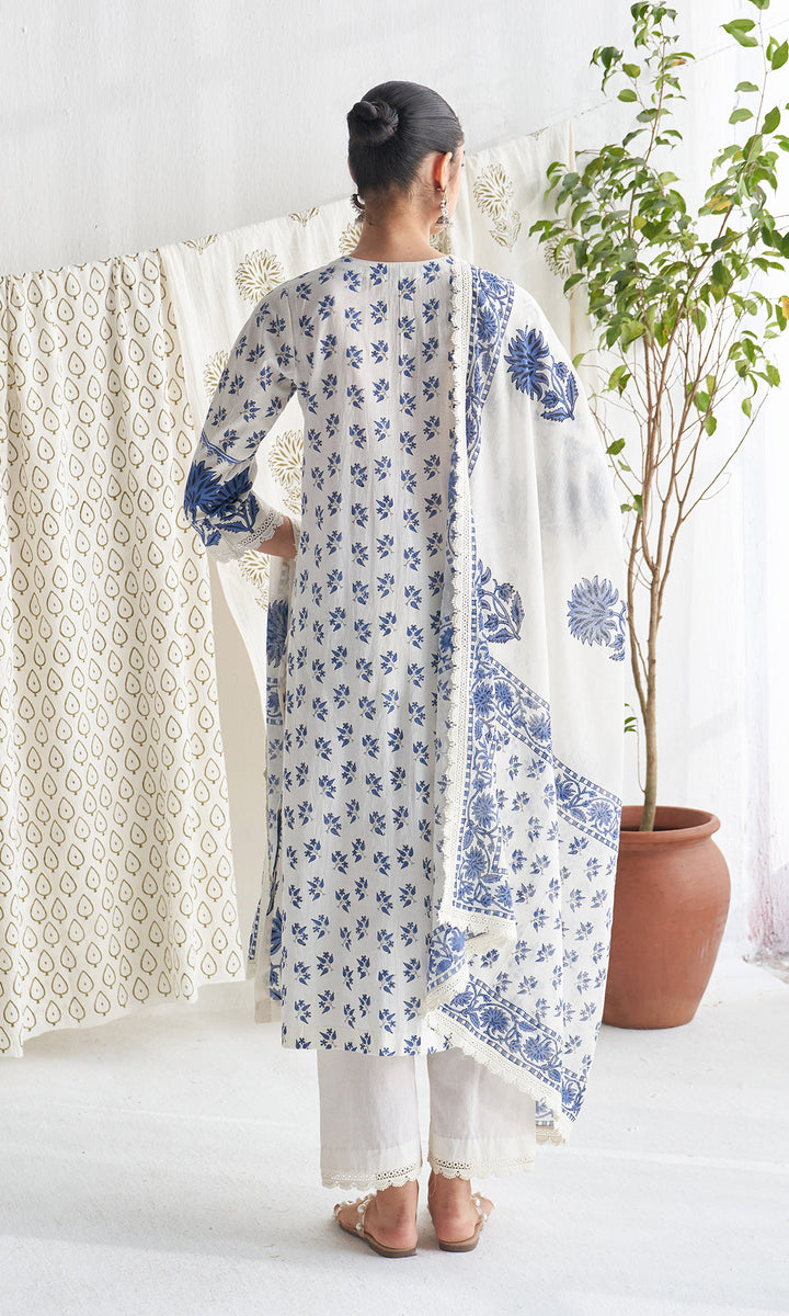 Gulmohar mughal Blue block printed straight kurta with palazzo and printed dupatta (set of 3)