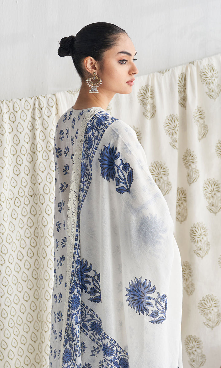 Gulmohar mughal Blue block printed straight kurta with palazzo and printed dupatta (set of 3)