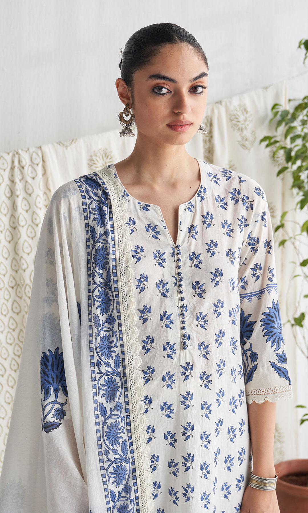 Gulmohar mughal Blue block printed straight kurta with palazzo and printed dupatta (set of 3)