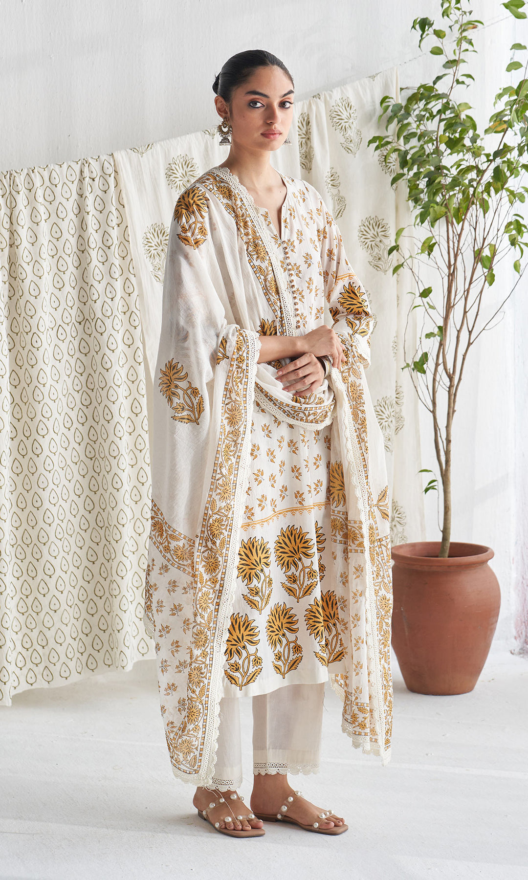 Gulmohar mughal mustard block printed straight kurta with palazzo and printed dupatta (set of 3)