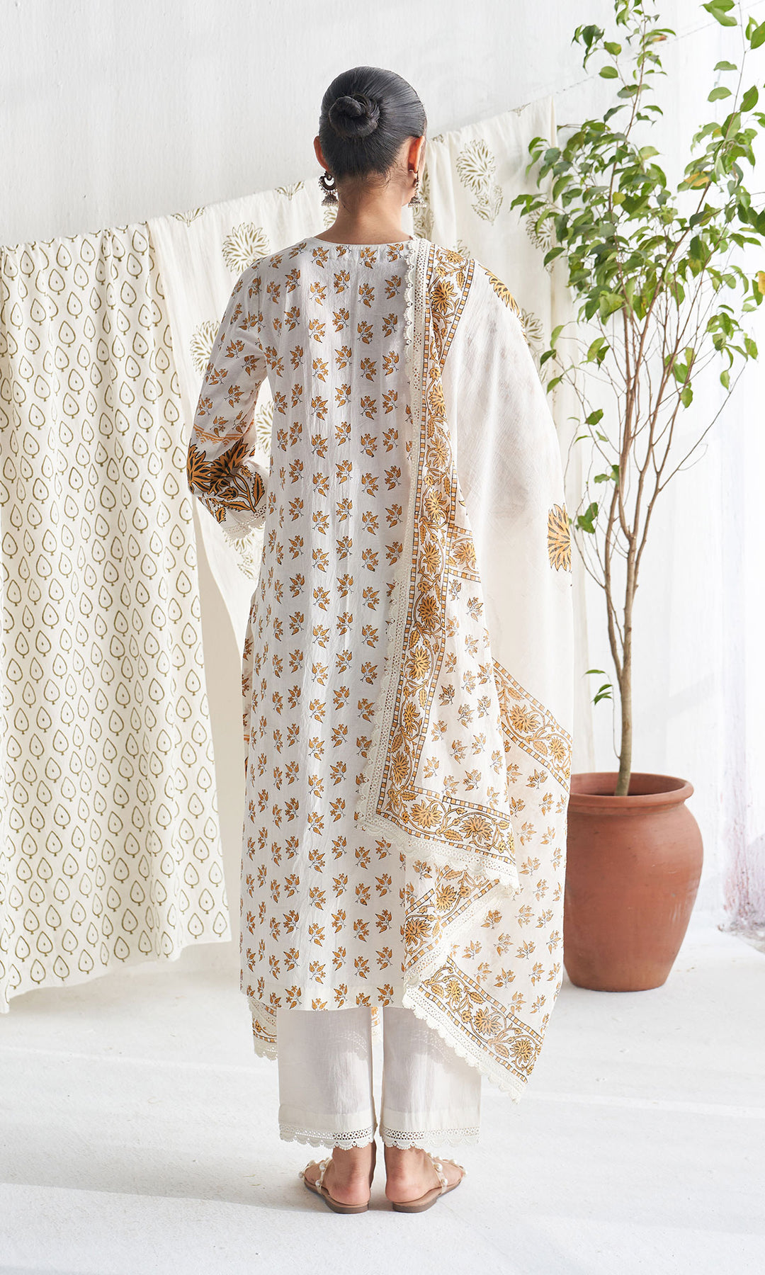 Gulmohar mughal mustard block printed straight kurta with palazzo and printed dupatta (set of 3)