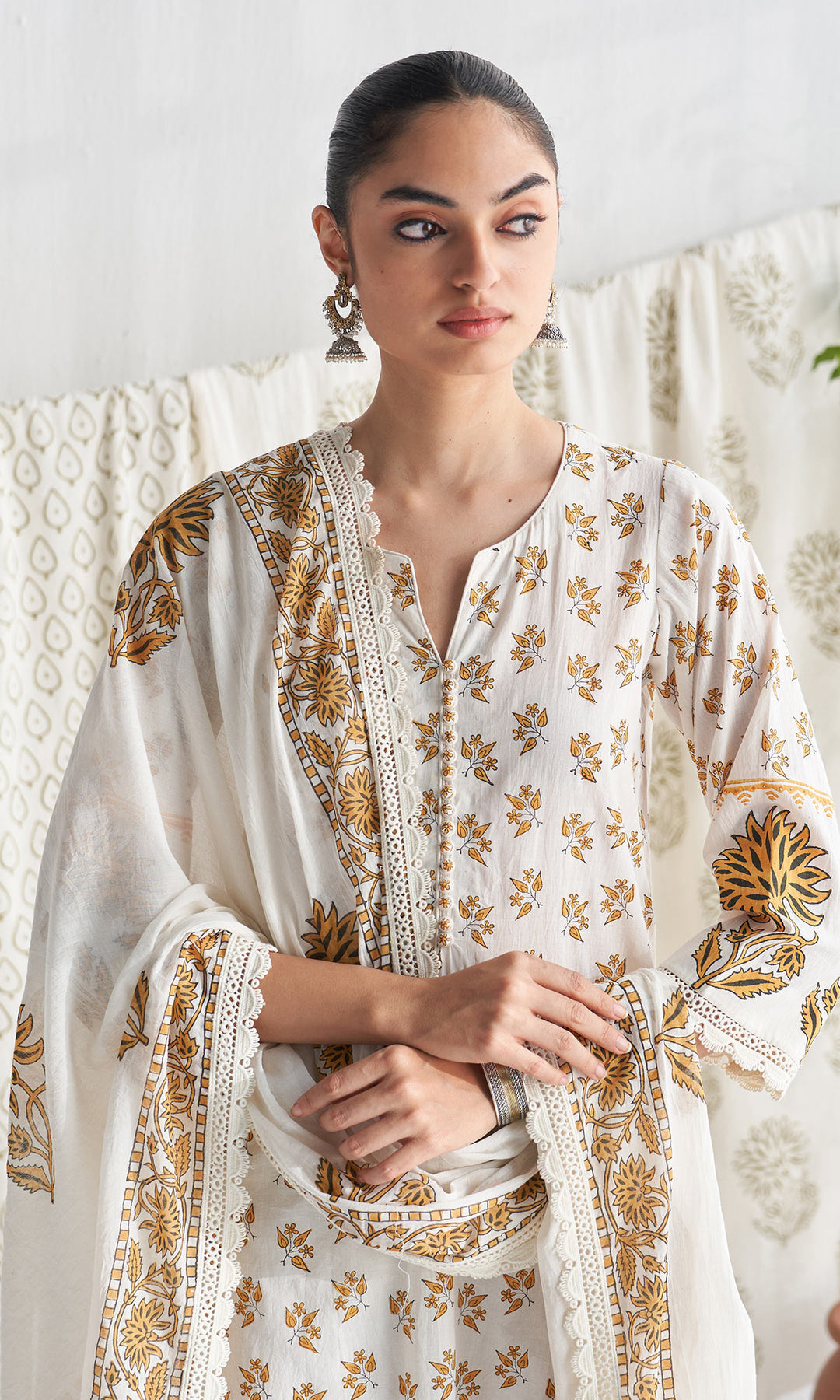 Gulmohar mughal mustard block printed straight kurta with palazzo and printed dupatta (set of 3)