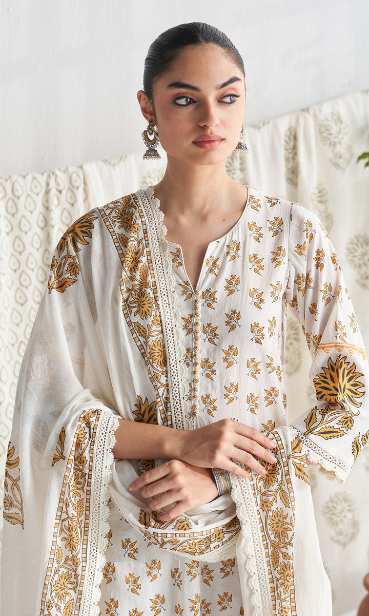 Gulmohar mughal mustard block printed straight kurta with palazzo and printed dupatta (set of 3)